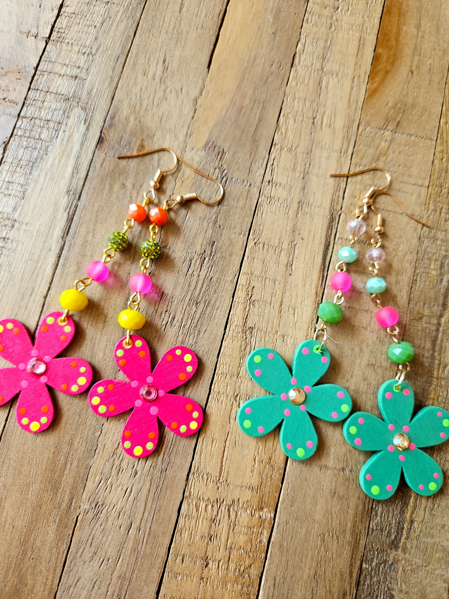 Painted Wood Flower Drop Earrings