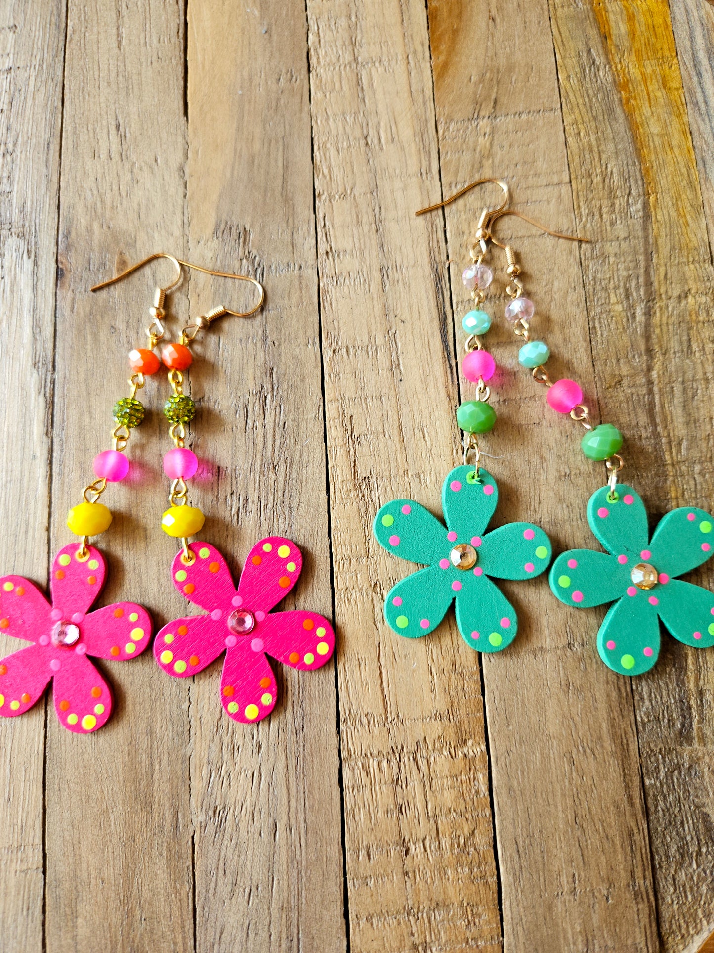 Painted Wood Flower Drop Earrings