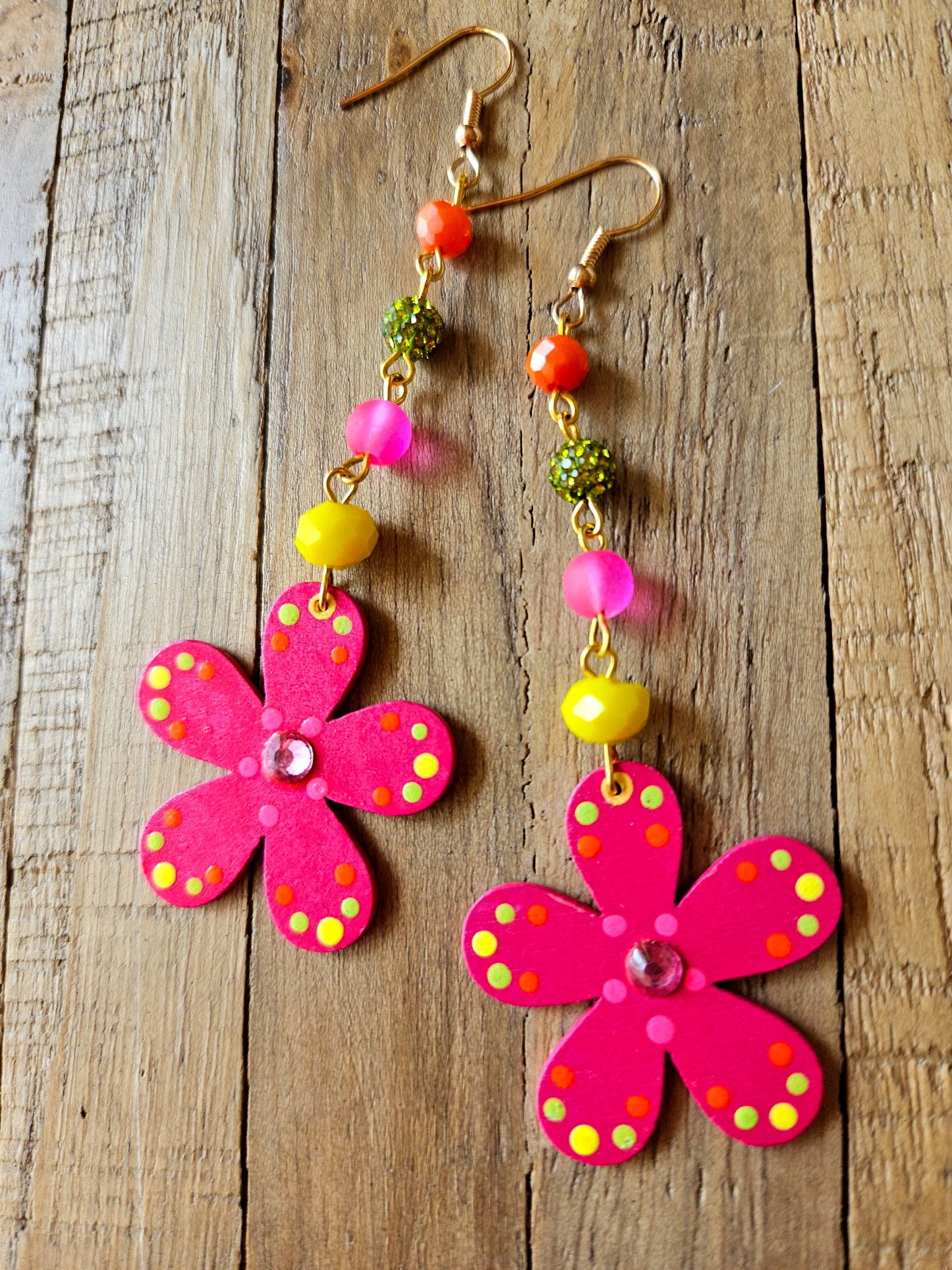 Painted Wood Flower Drop Earrings