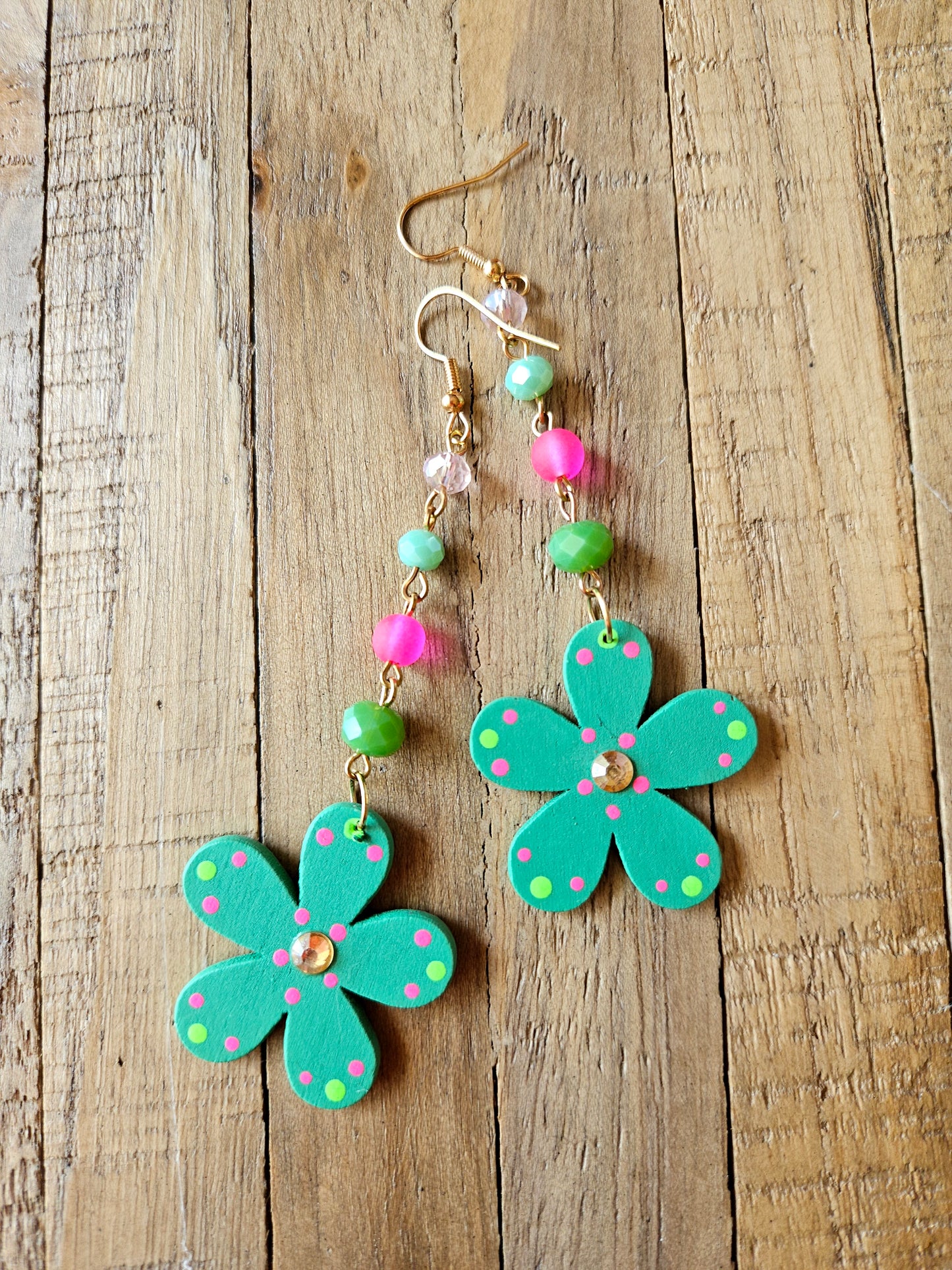 Painted Wood Flower Drop Earrings