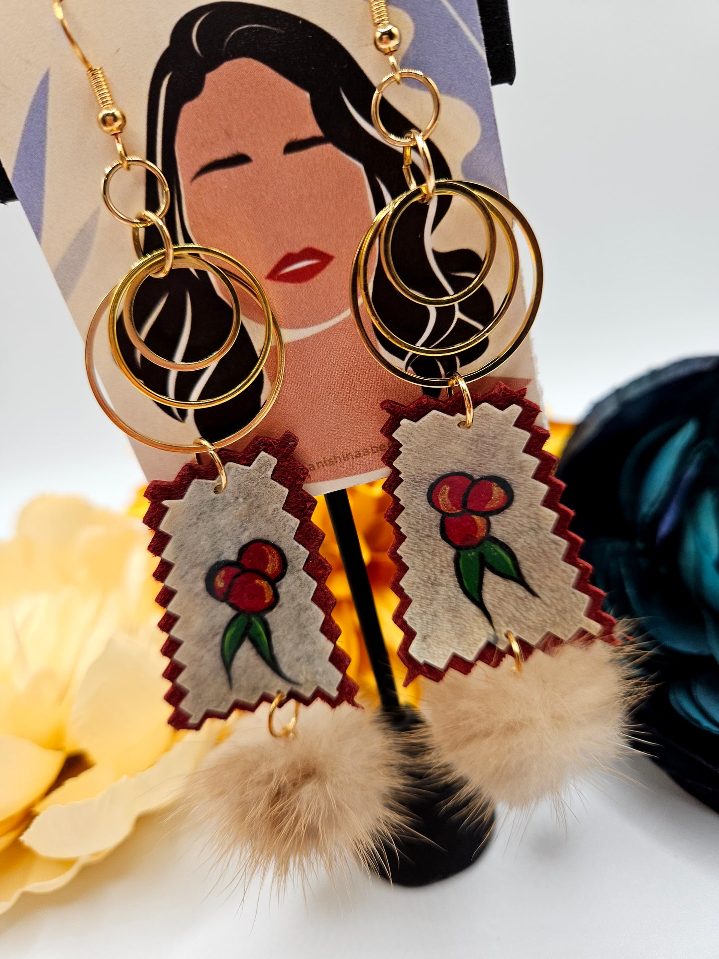 Anishinaabe Berries Handpainted Rawhide Fur Earrings