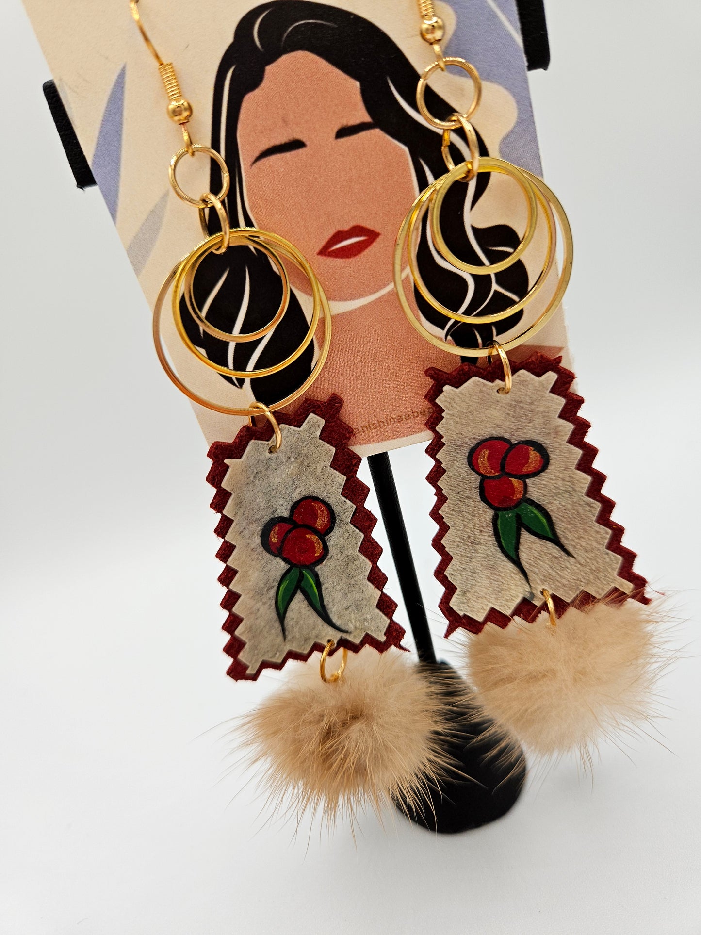 Anishinaabe Berries Handpainted Rawhide Fur Earrings
