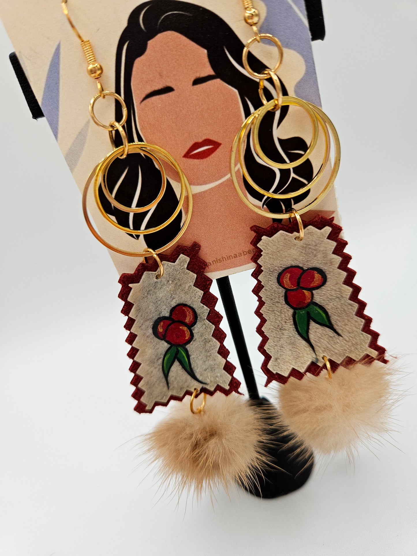 Anishinaabe Berries Handpainted Rawhide Fur Earrings