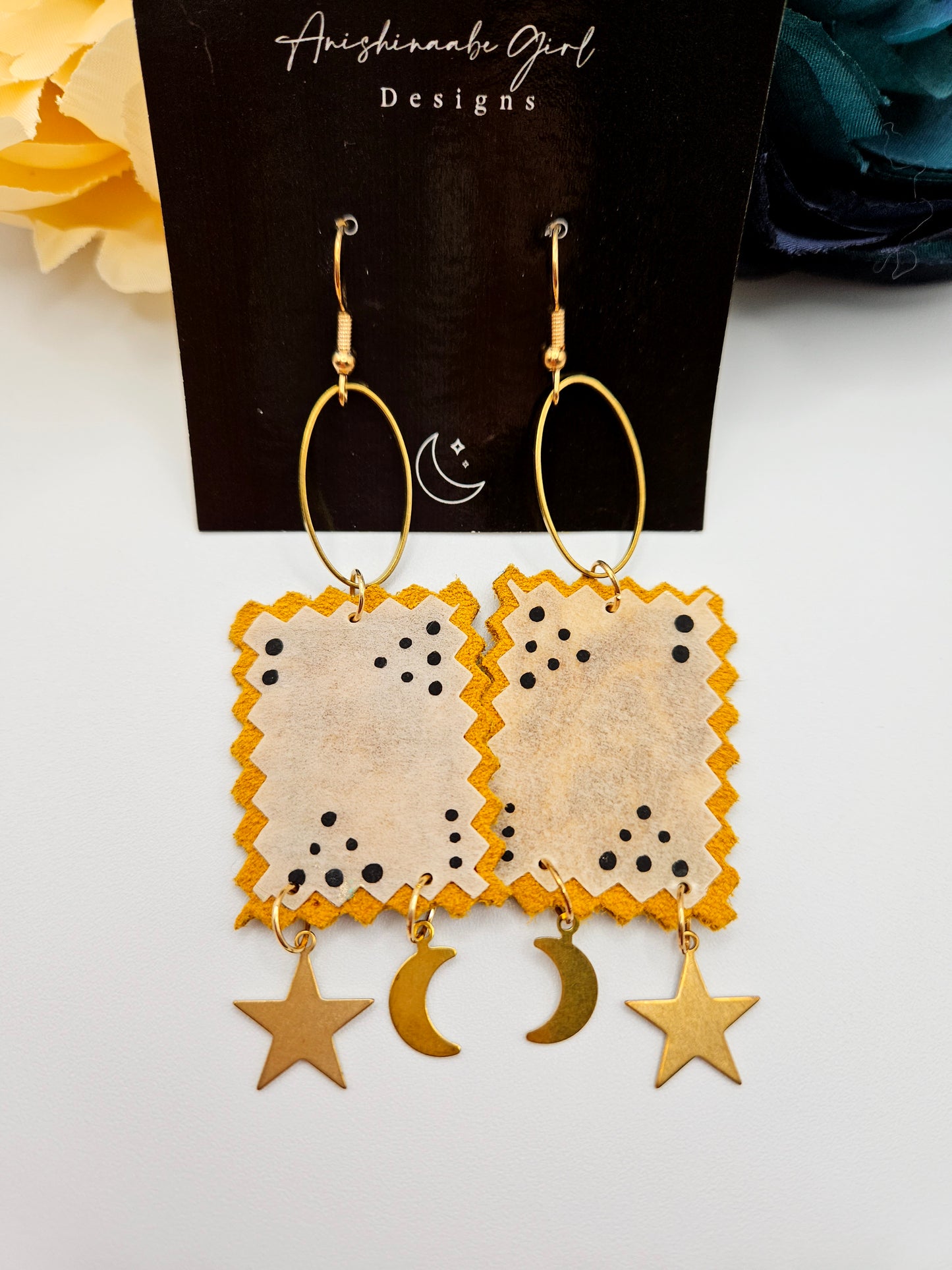 Painted Rawhide Parfleche Moon and Star Earrings
