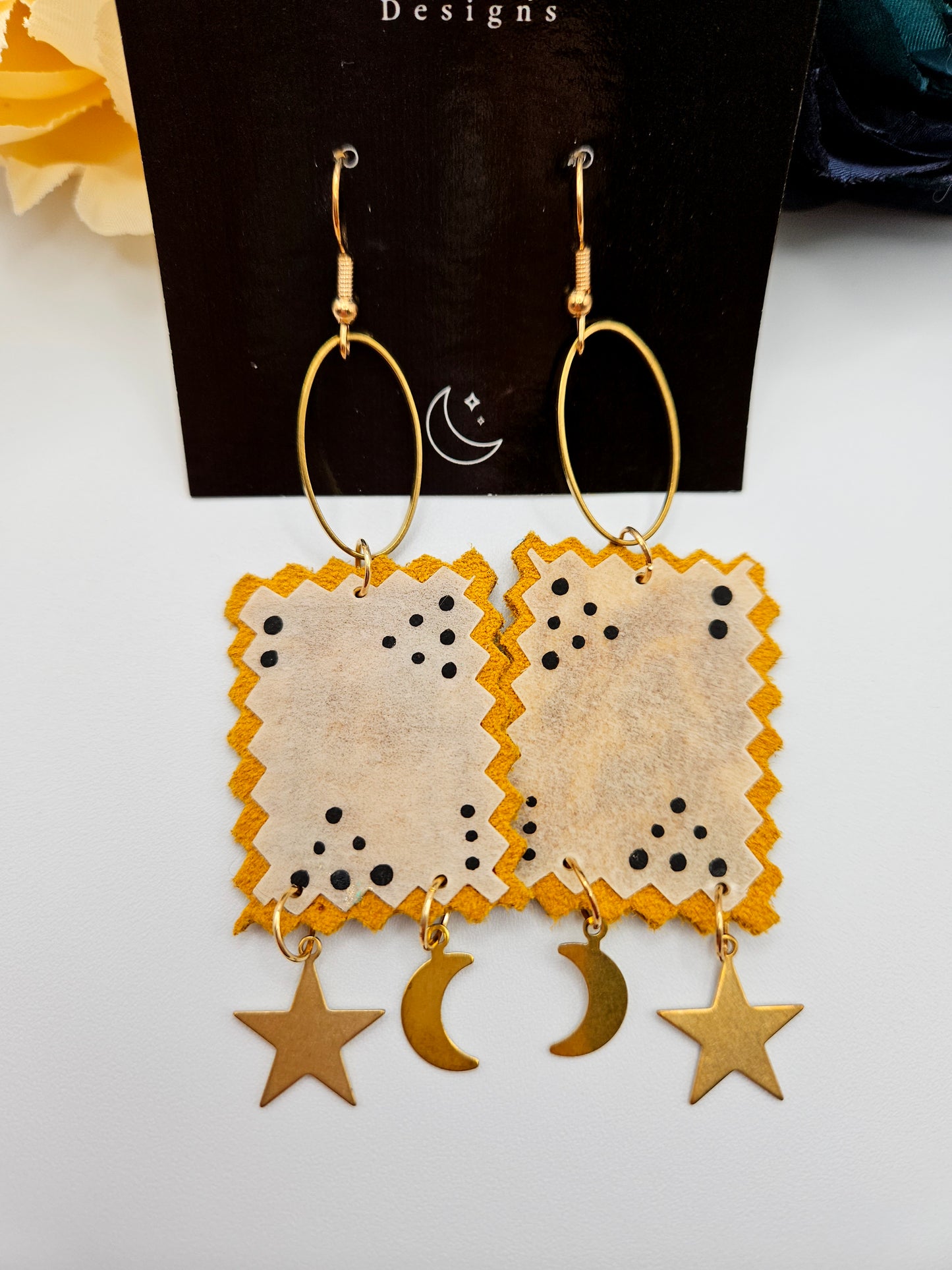 Painted Rawhide Parfleche Moon and Star Earrings