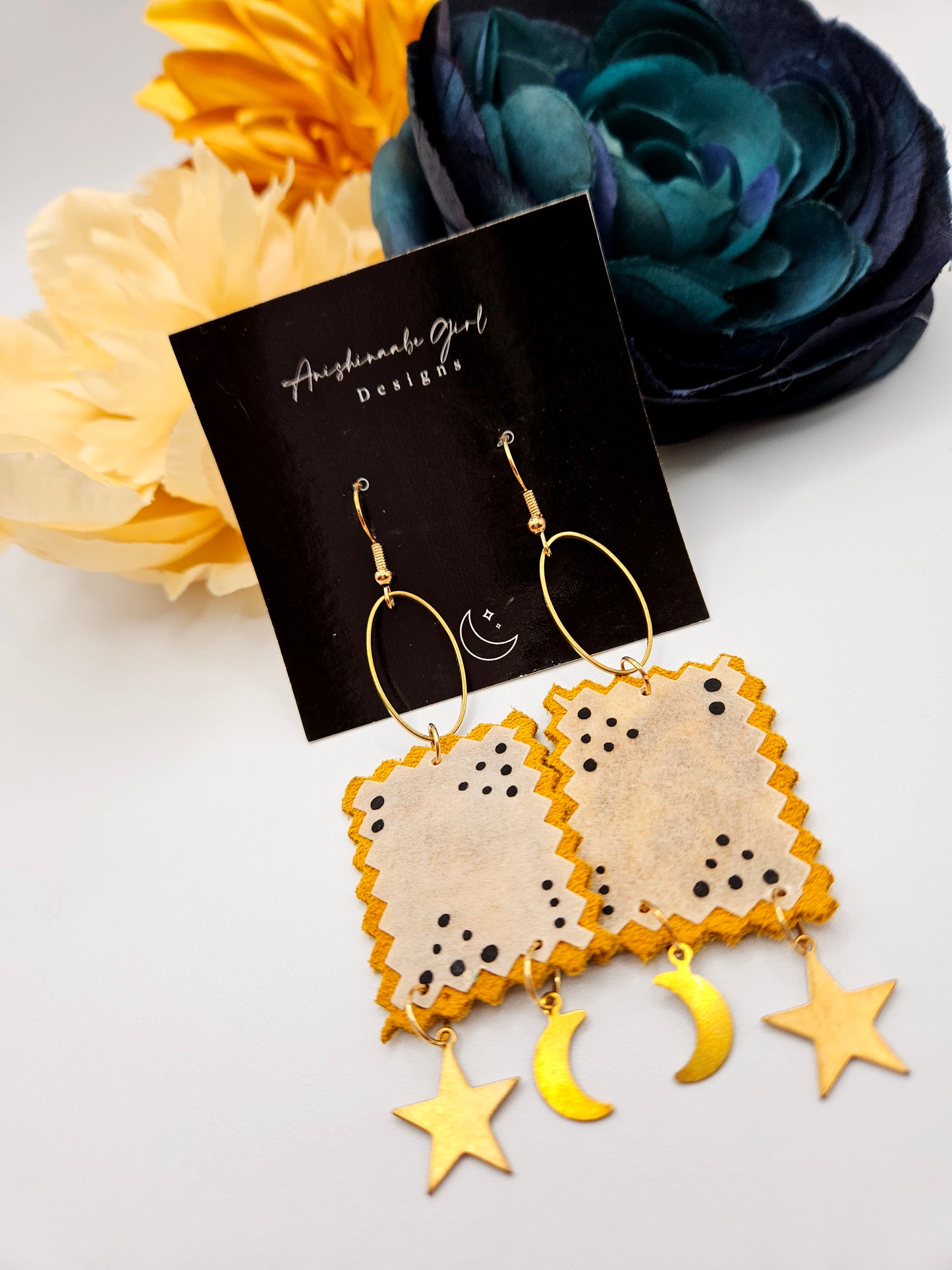 Painted Rawhide Parfleche Moon and Star Earrings