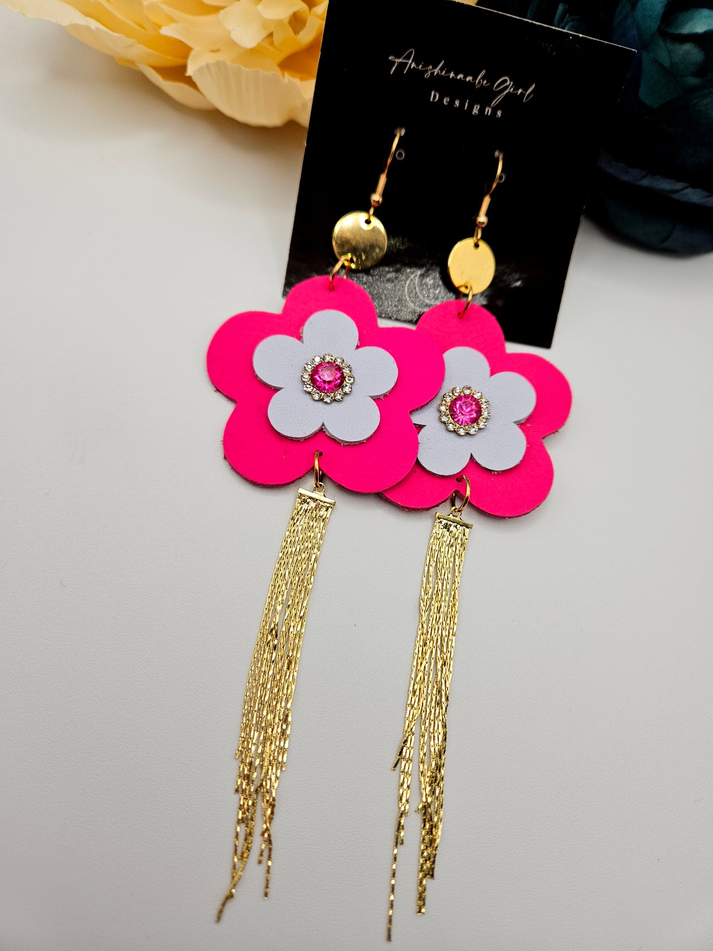 Flower Leather Chain Tassel Charm Earrings