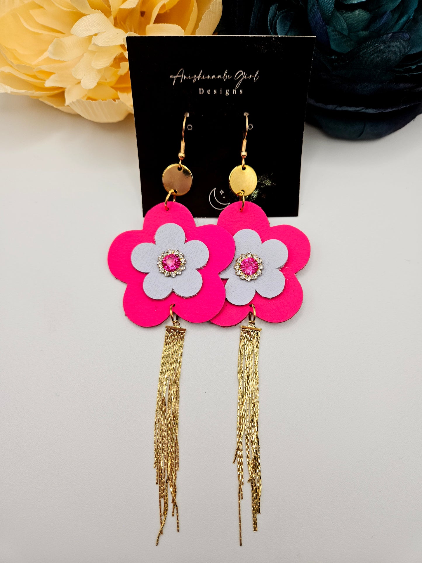 Flower Leather Chain Tassel Charm Earrings