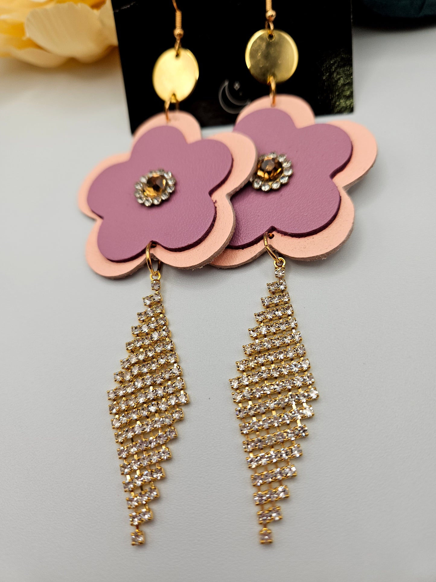 Flower Leather Rhinestone Charm Earrings