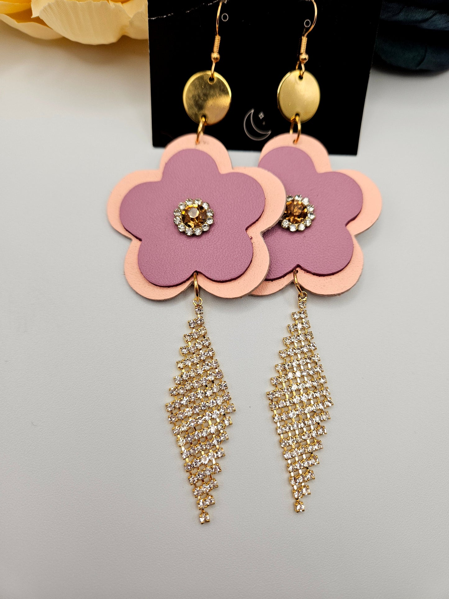 Flower Leather Rhinestone Charm Earrings