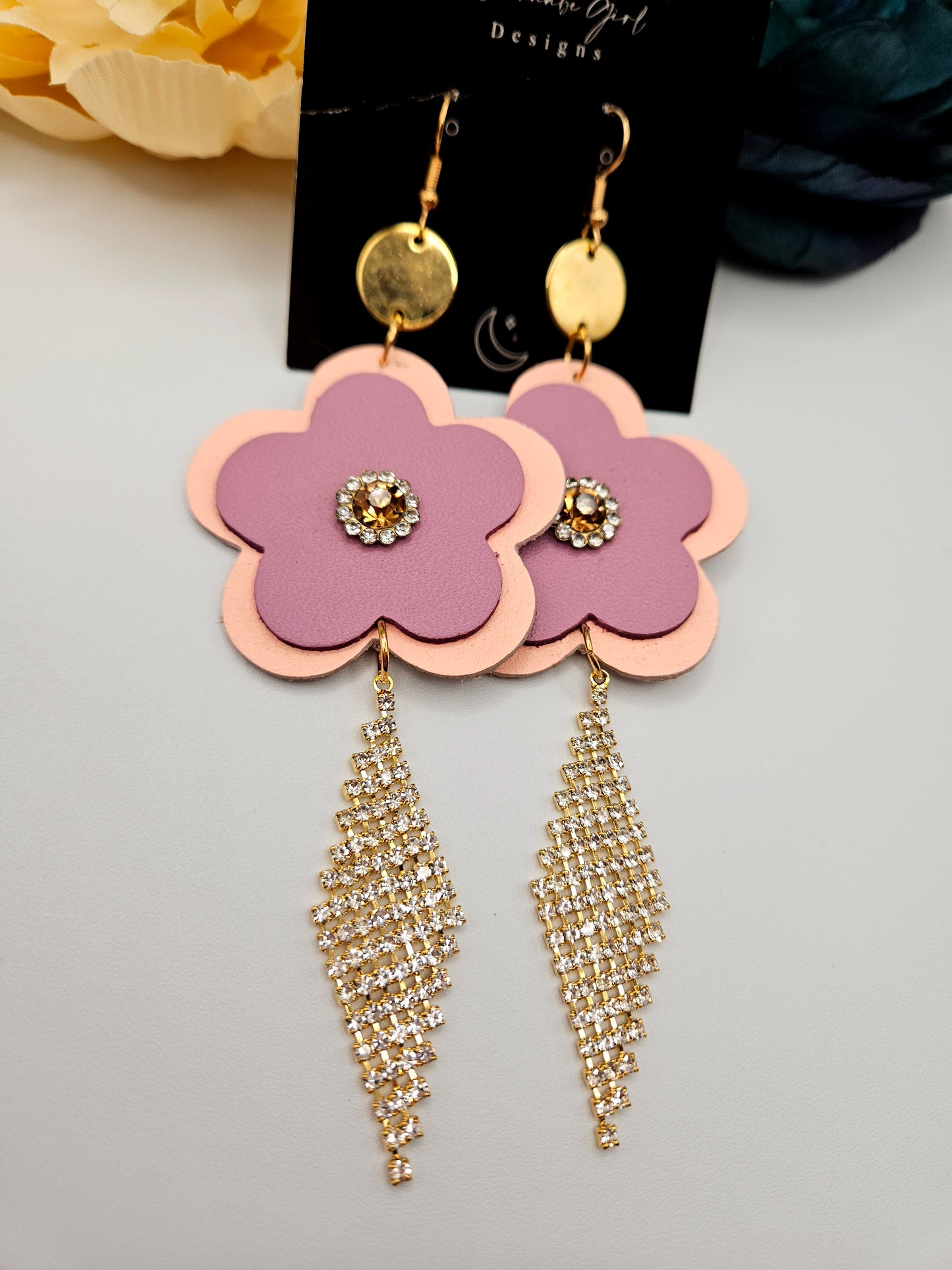 Flower Leather Rhinestone Charm Earrings