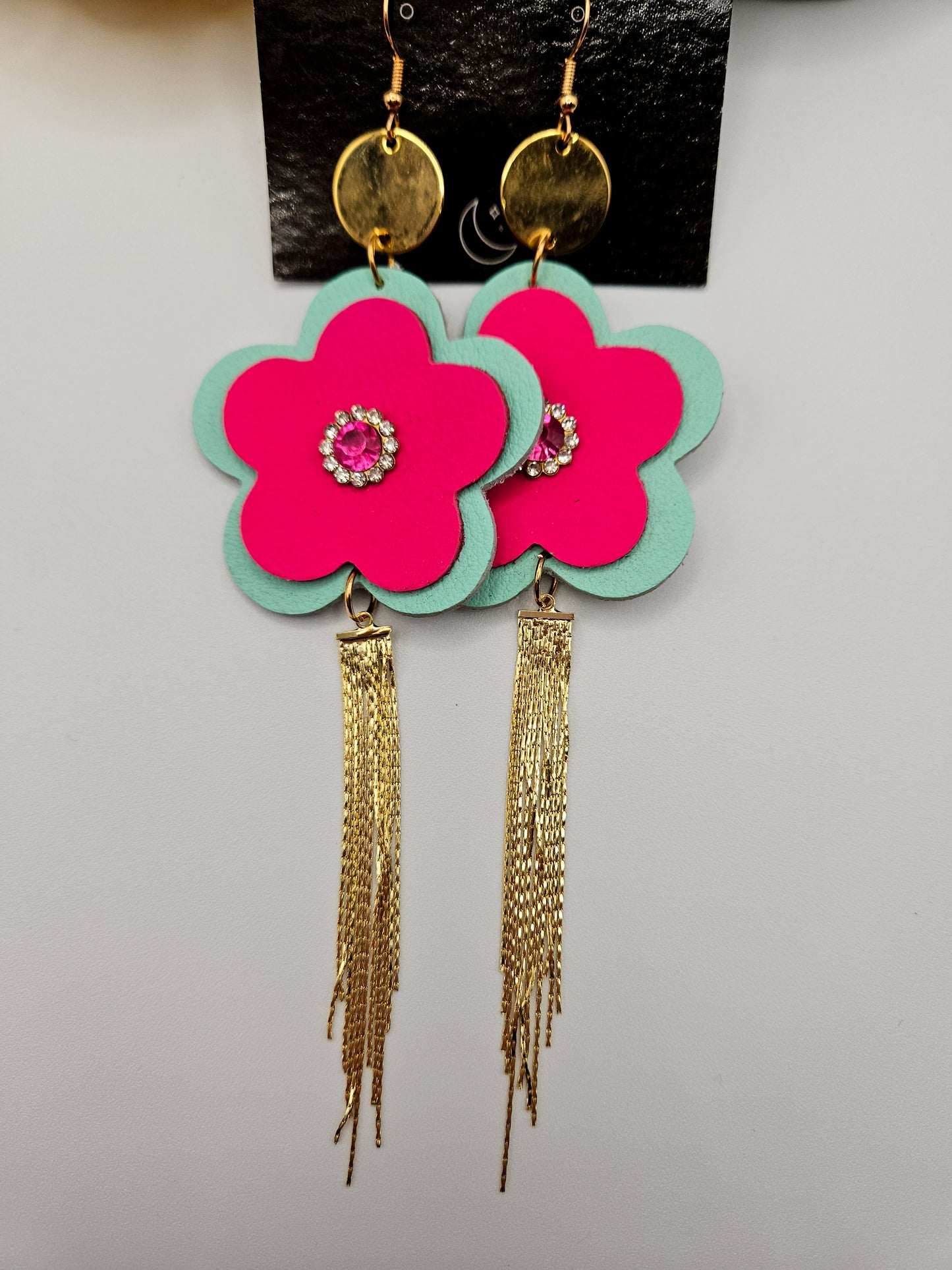 Flower Leather Chain Tassel Charm Earrings