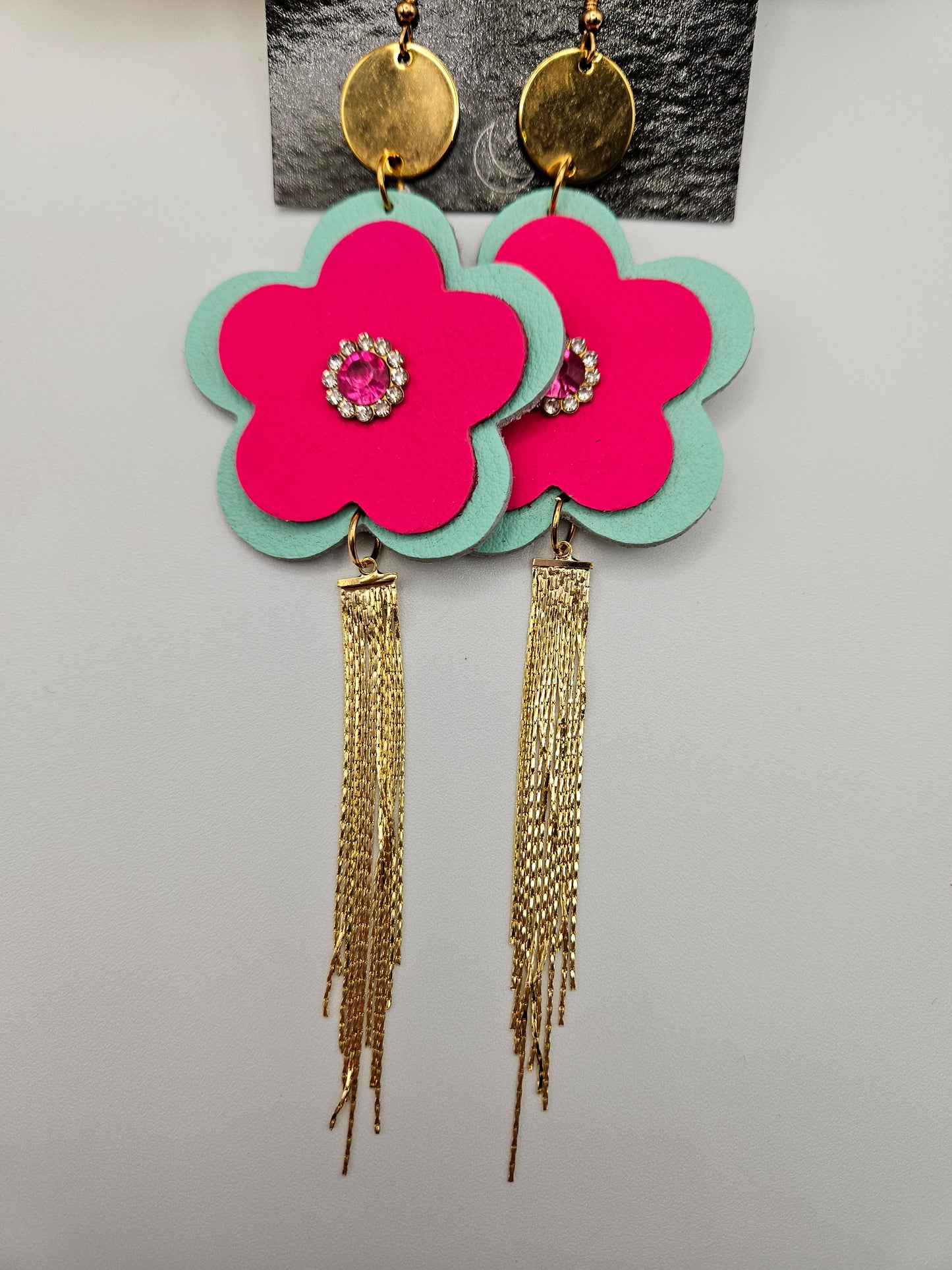 Flower Leather Chain Tassel Charm Earrings