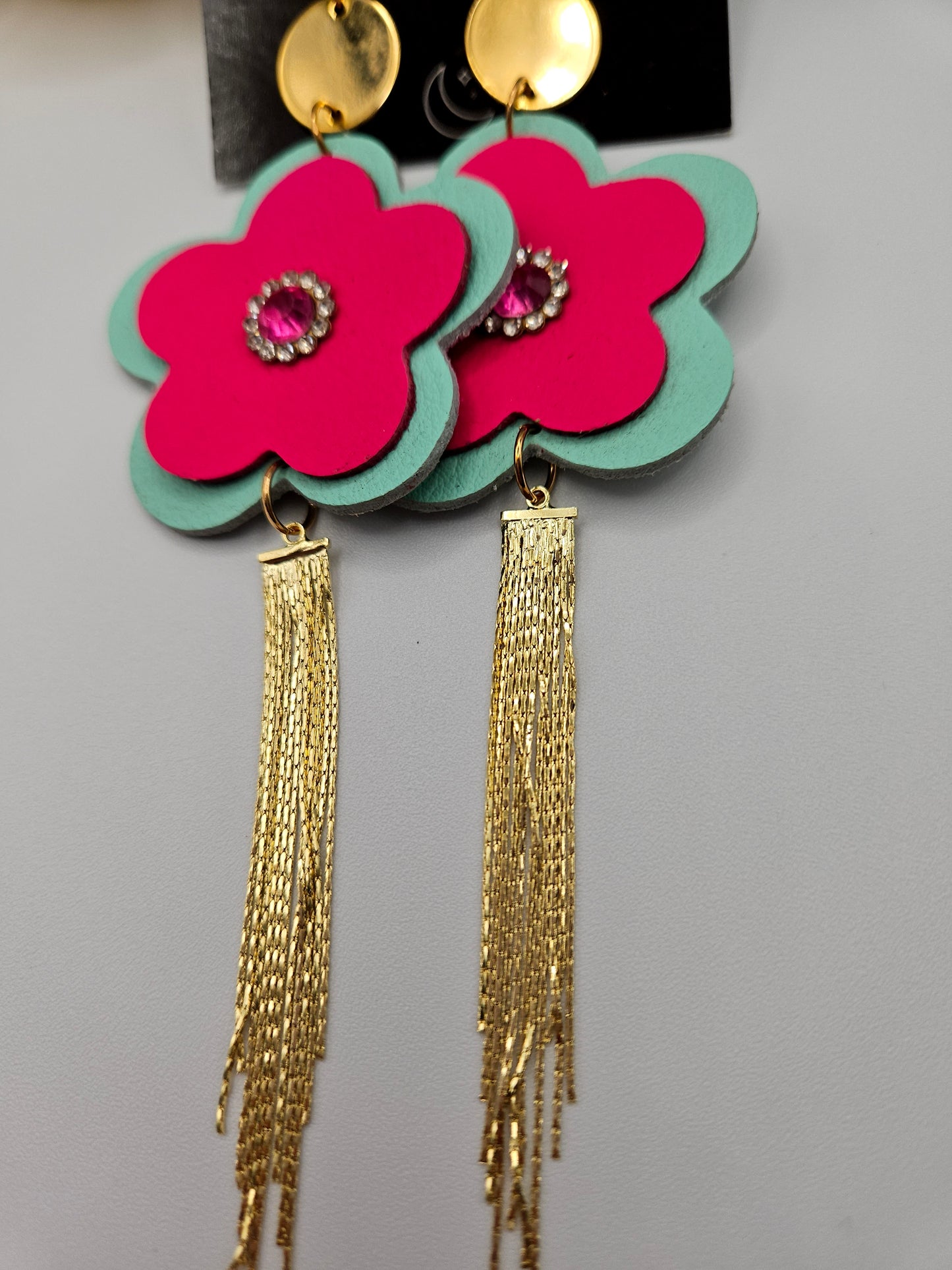 Flower Leather Chain Tassel Charm Earrings