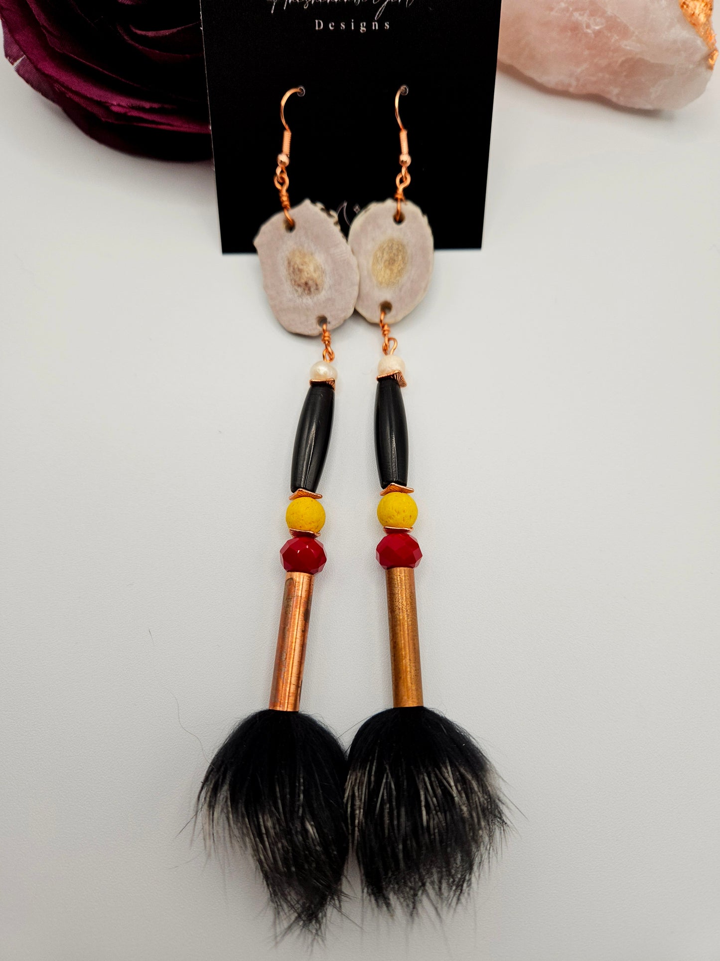 Antler and Rex Rabbit Fur Long Earrings