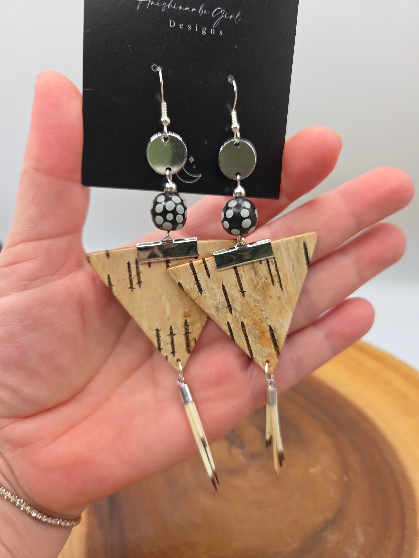 Birchbark, Quill and Skunk Bead Trade Earrings