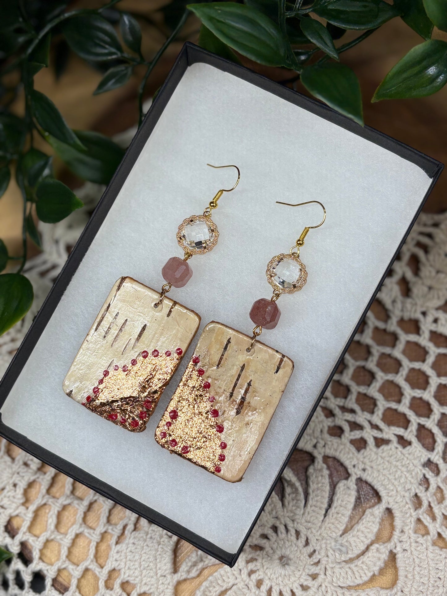 Strawberry Quartz & Birchbark Earrings