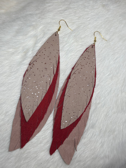 Leather Feather Earrings - Beige, Red, Dusty Pink