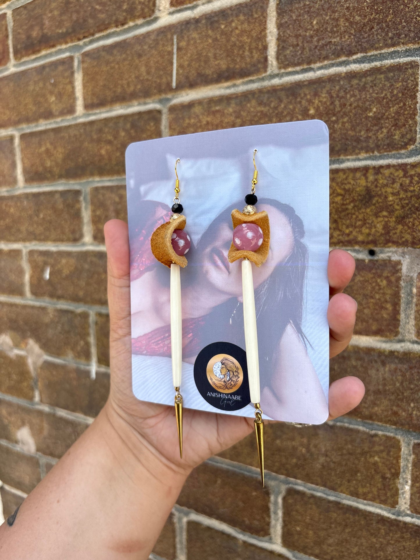Trade Bead, Bone, and Home Tanned Moose Hide Earrings