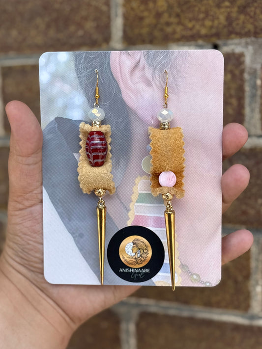 Pink Queen Conch, Glass Bead, & Home Tanned Moose Hide Earrings