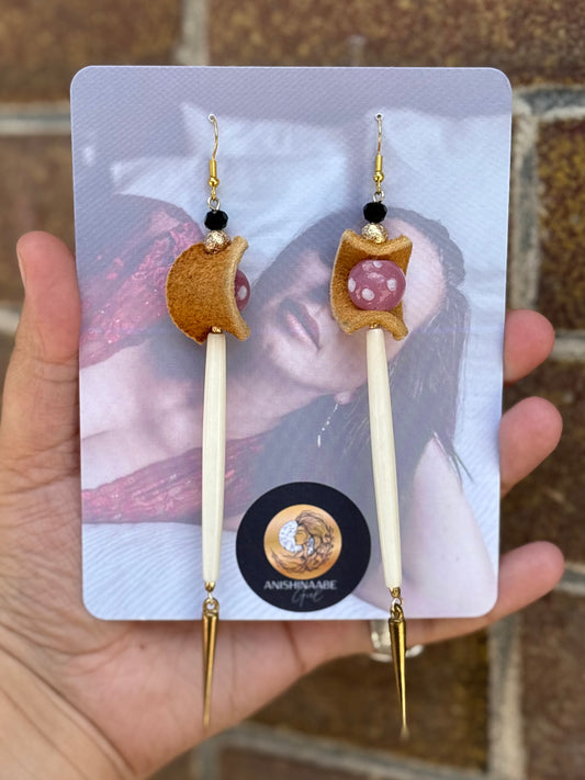 Trade Bead, Bone, and Home Tanned Moose Hide Earrings