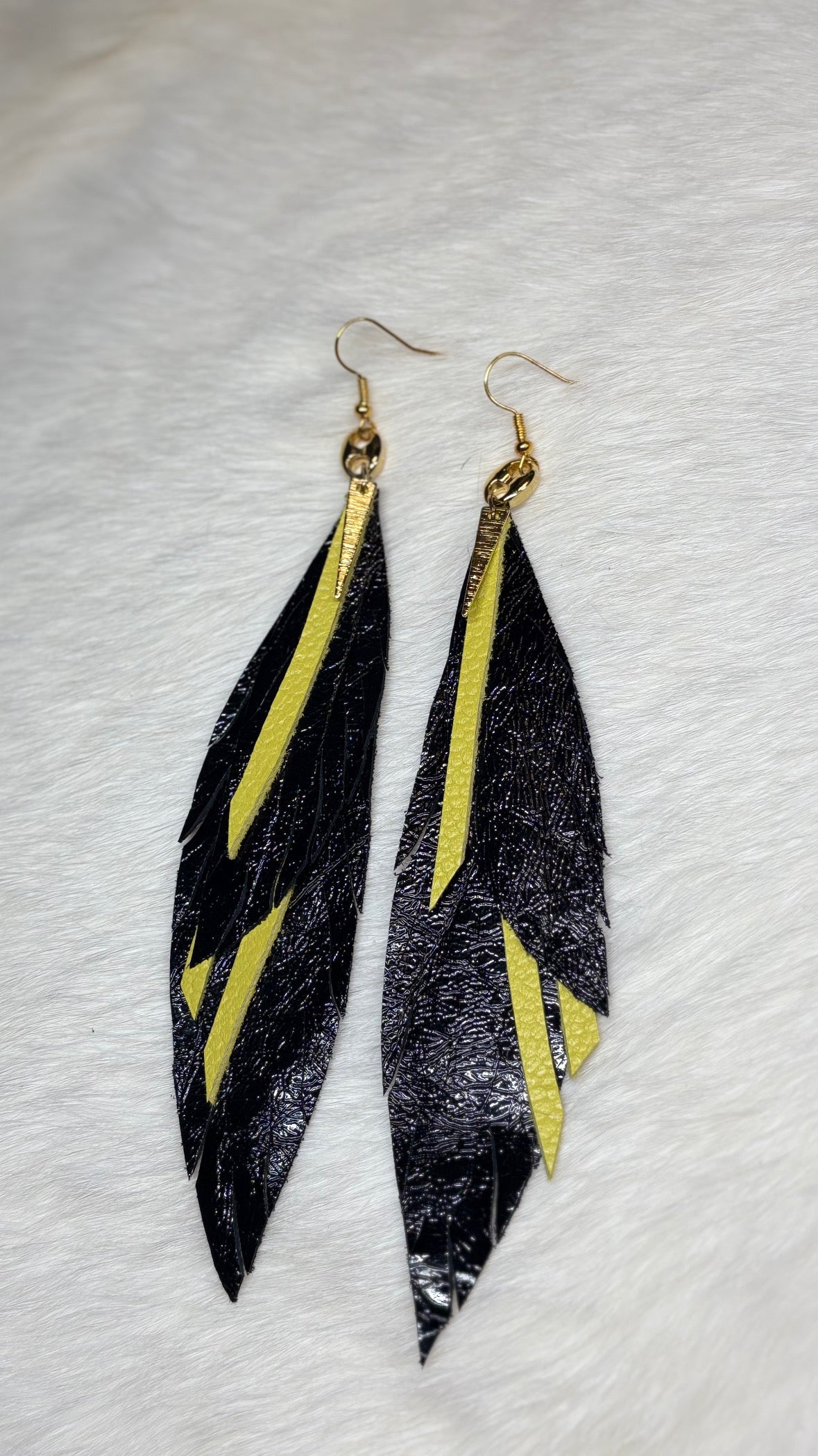 Leather Feather Earrings - Yellow & Metallic Black