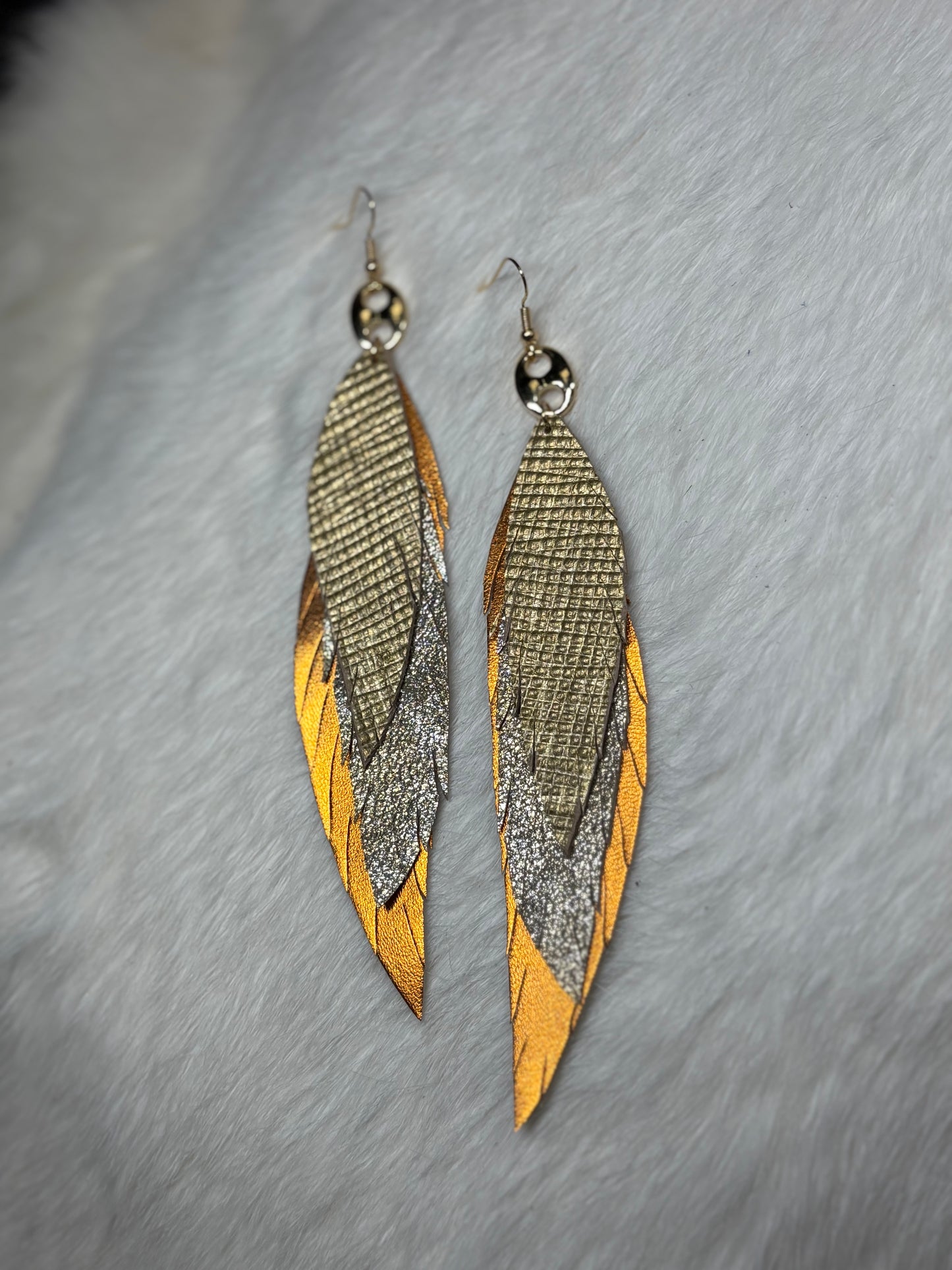 Leather Feather Earrings - Gold, Silver, Metallic Orange