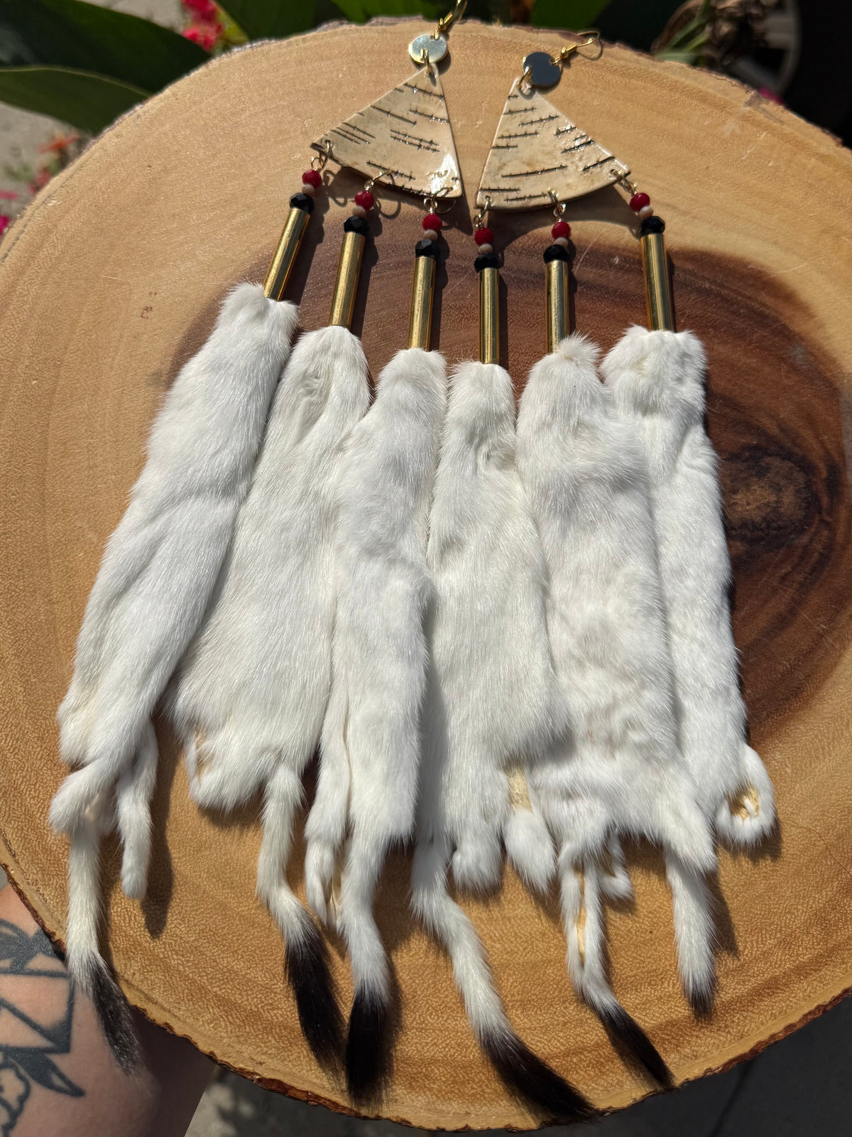 Boujee Weasel, Red & Black Beads, and Birchbark Earrings