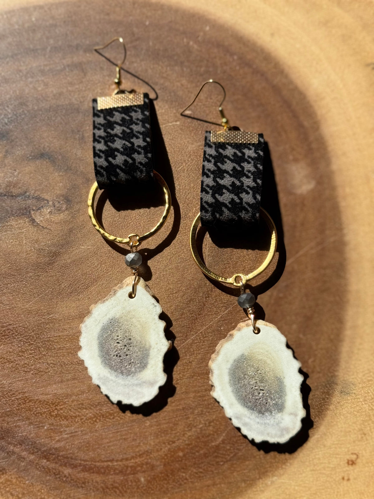 Moose Antler and Houndstooth Leather Drop Earrings