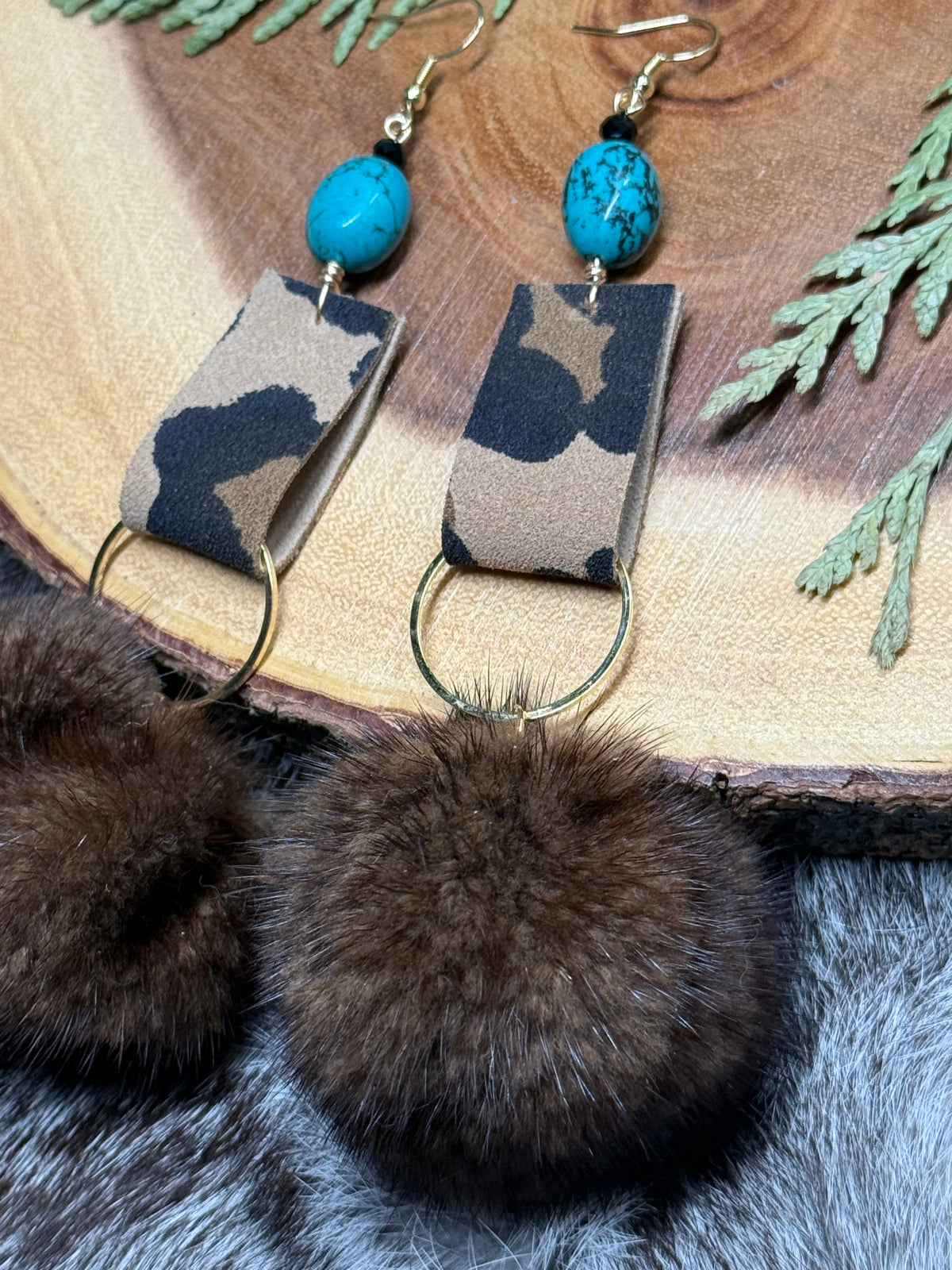 Mink Poms & Turquoise Earrings
