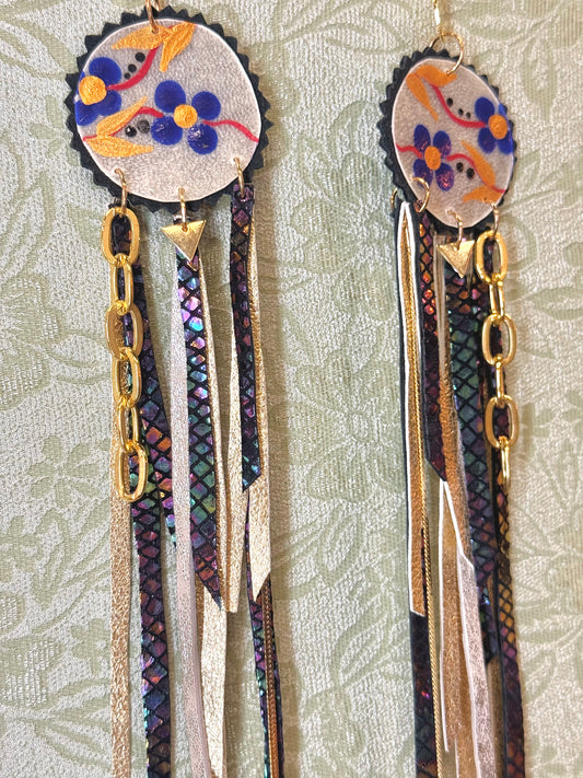 Deadly Hand Painted Parfleche Florals & Metallic Leather Fringe Earrings