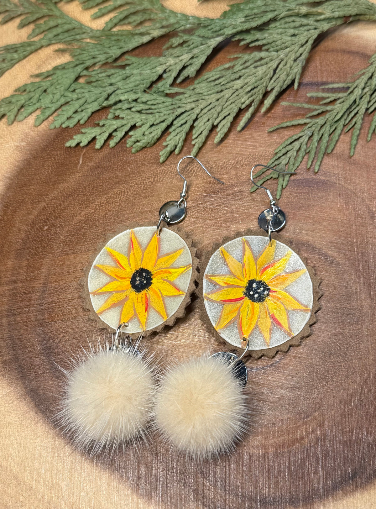 Sunflower Parfleche Painted Pom Pom Earrings