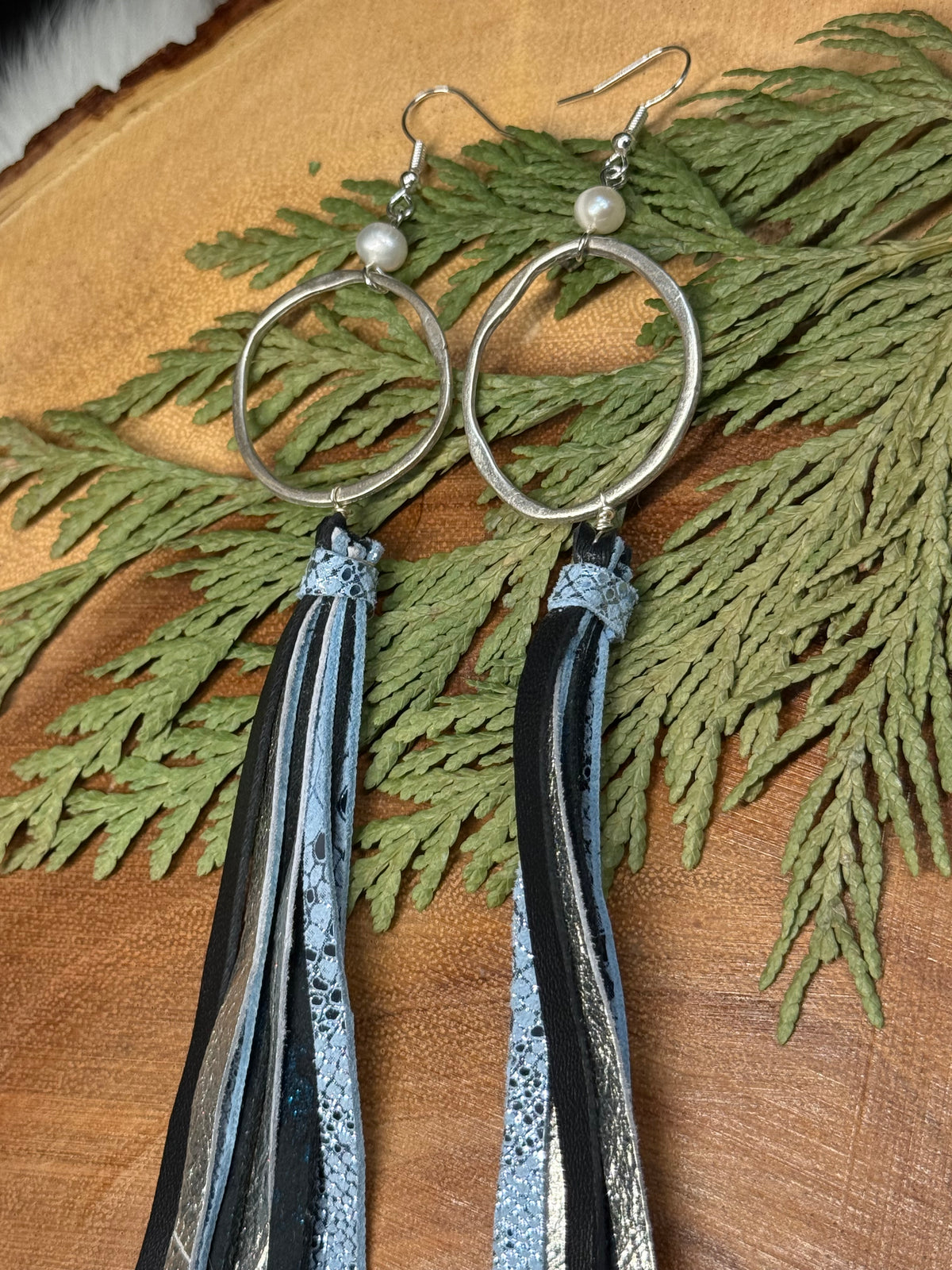 Freshwater Pearl Leather Fringe Earrings