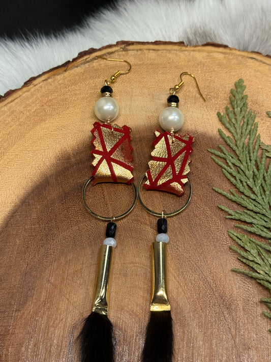 Red & Gold Leather Ermine Tail Earrings