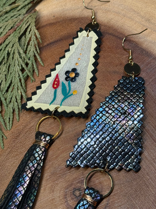 Hand Painted Parfleche Florals & Metallic Leather Fringe Earrings
