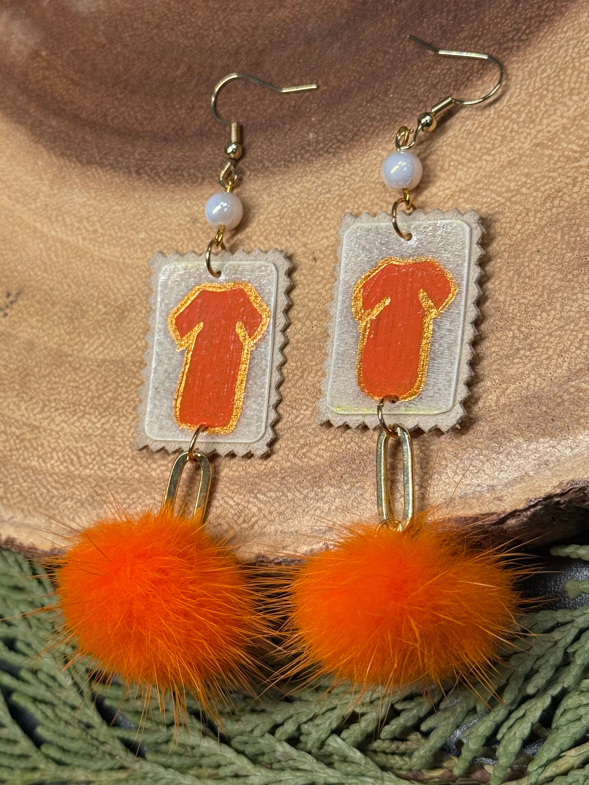 Orange Shirt Parfleche & Dyed Poms Earrings