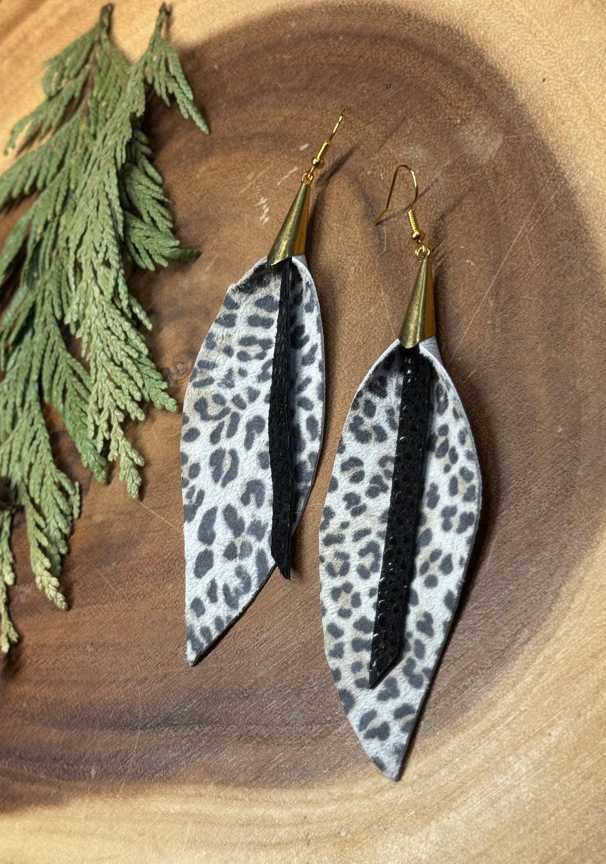 Cool Toned Leather Leopard Print Feather Earrings