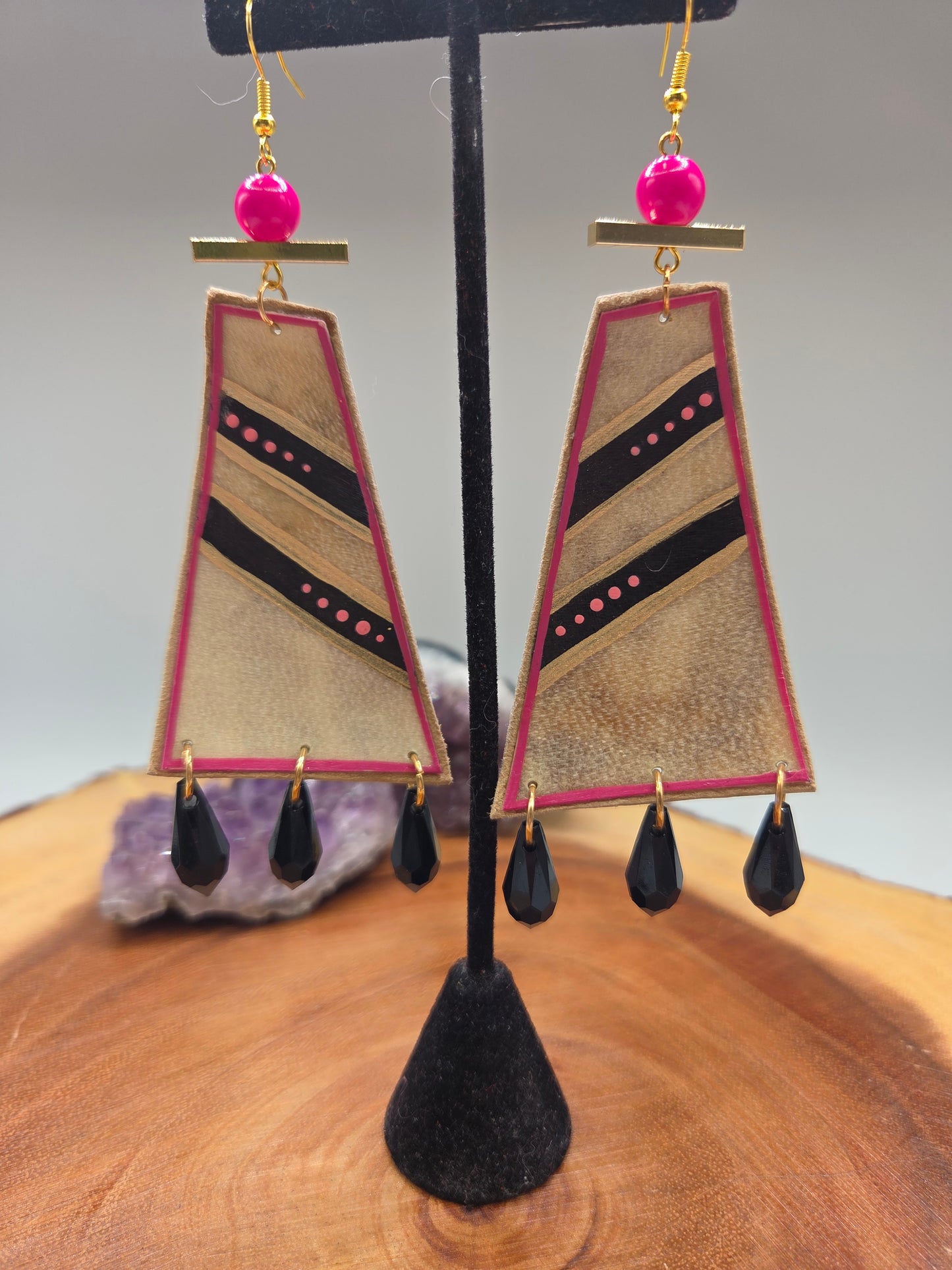 Geometric Painted Rawhide Parfleche Earrings