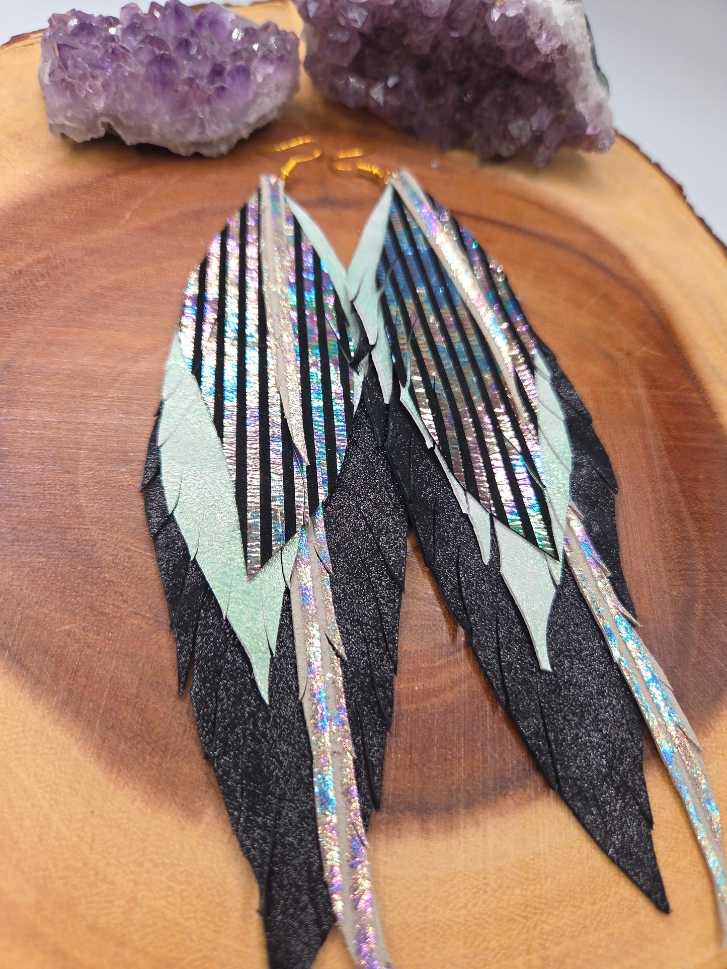 Black Holographic Metallic Leather Feather Earrings