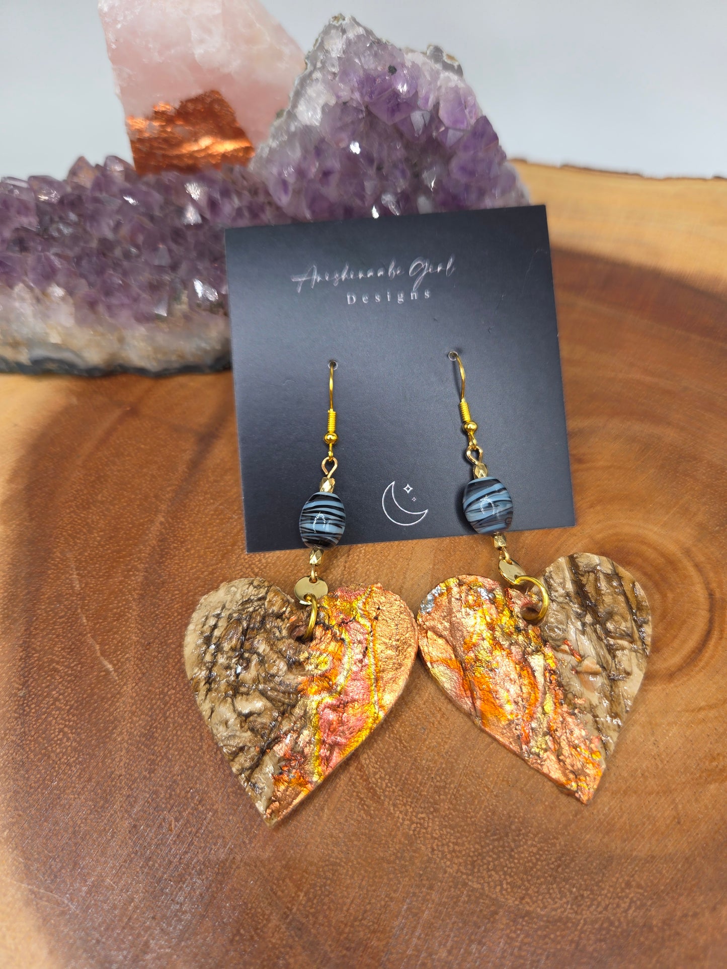 Copper Gilded Birchbark Heart Earrings