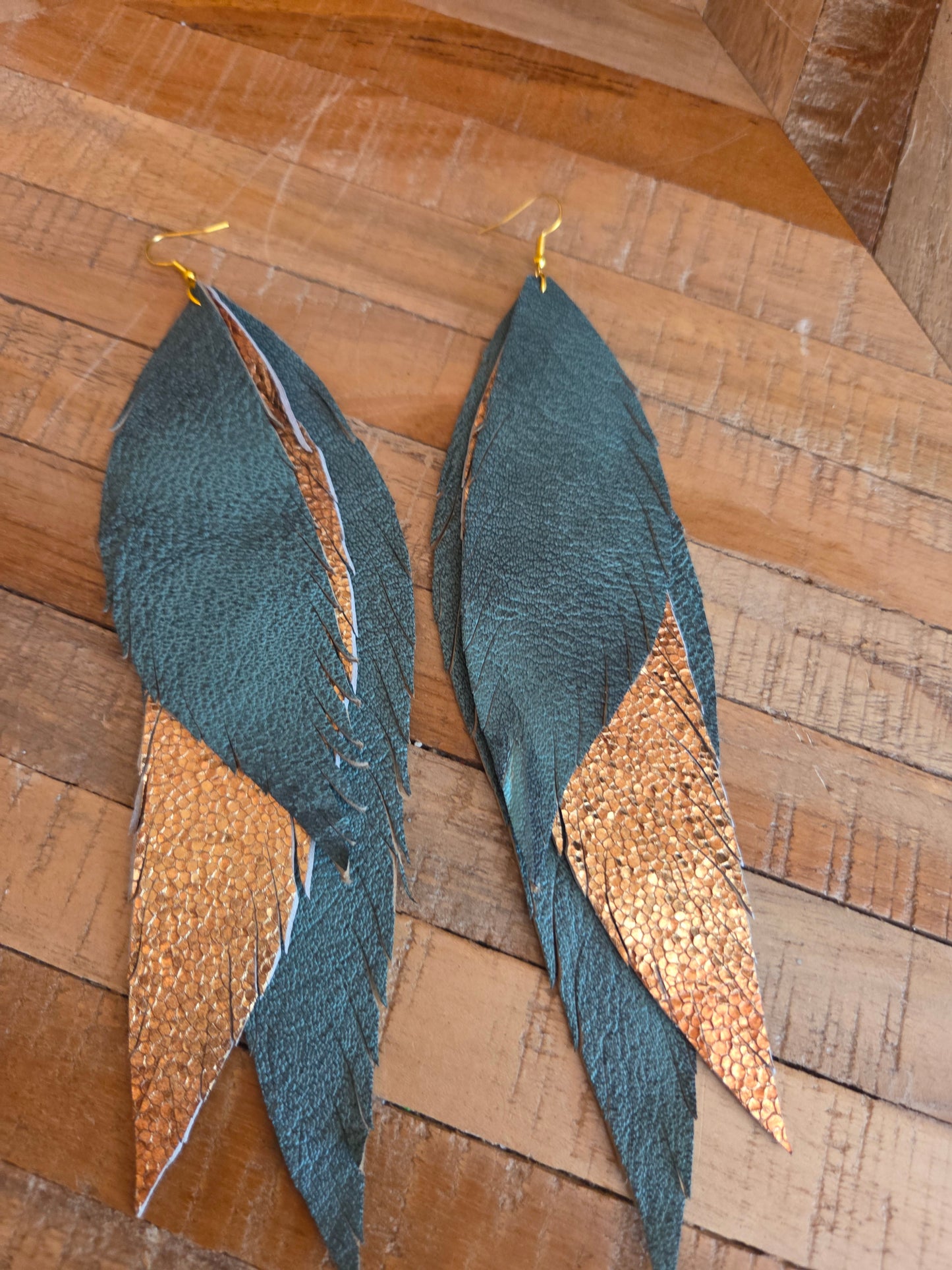 Antiqued Green Metallic Leather Feather Earrings