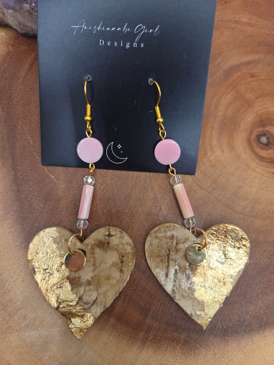 Queen Conch and Gold Gilded Heart Birchbark Earrings
