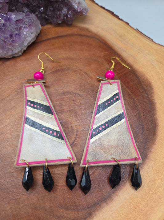 Geometric Painted Rawhide Parfleche Earrings