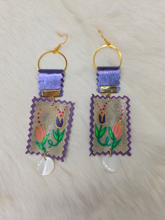 Parfleche & Metallic Floral Painted Earrings