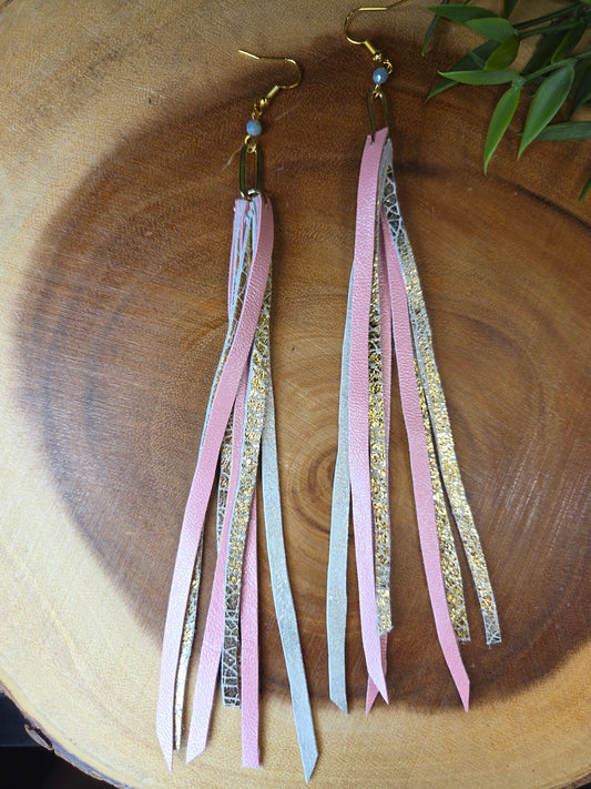 Pinks Leather Fringe Earrings