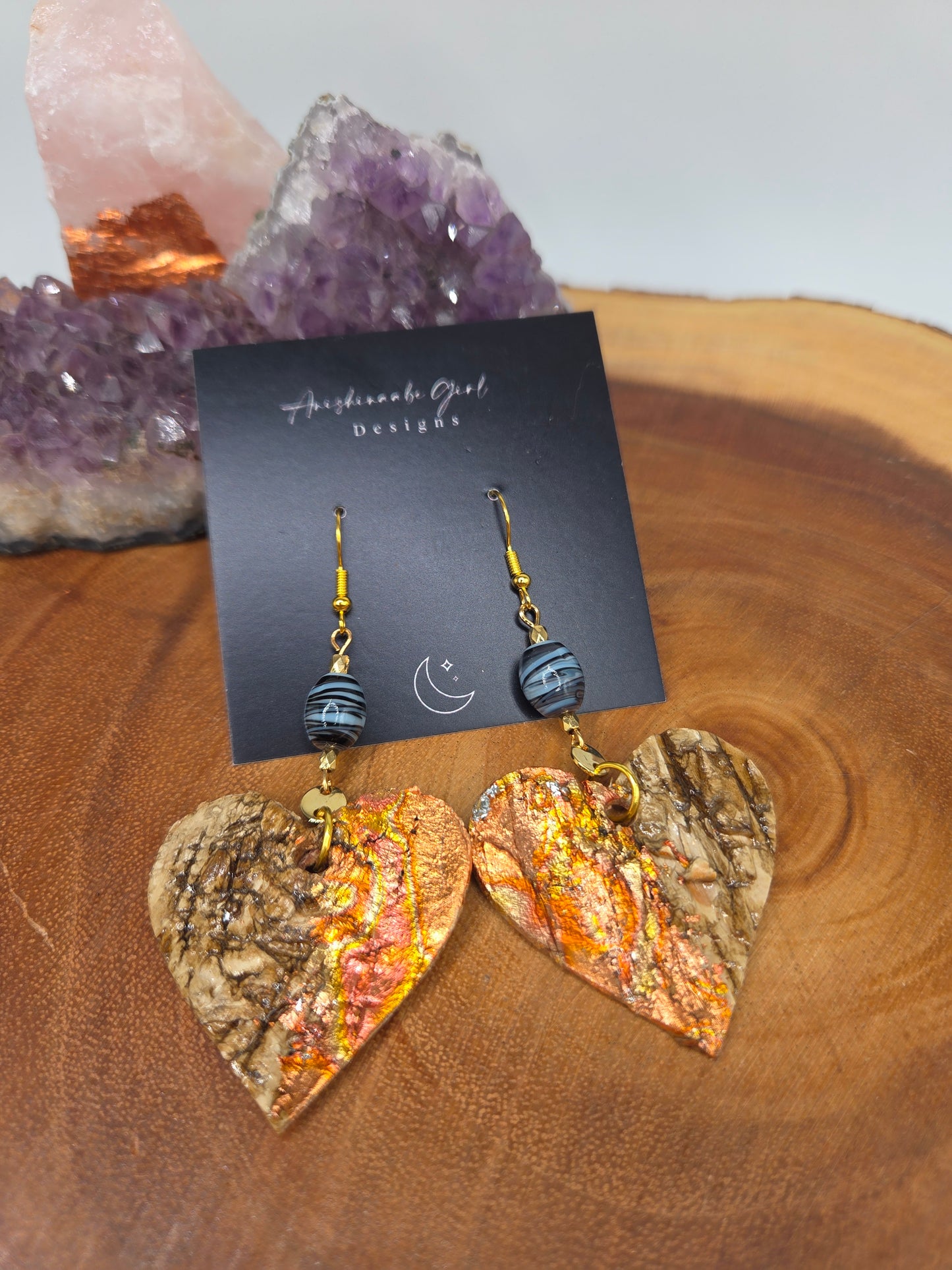 Copper Gilded Birchbark Heart Earrings