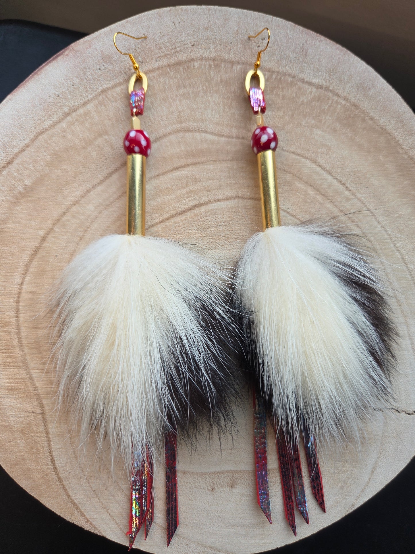 Skunk Medicine Earrings - Metallic Leather and Skunk Beads