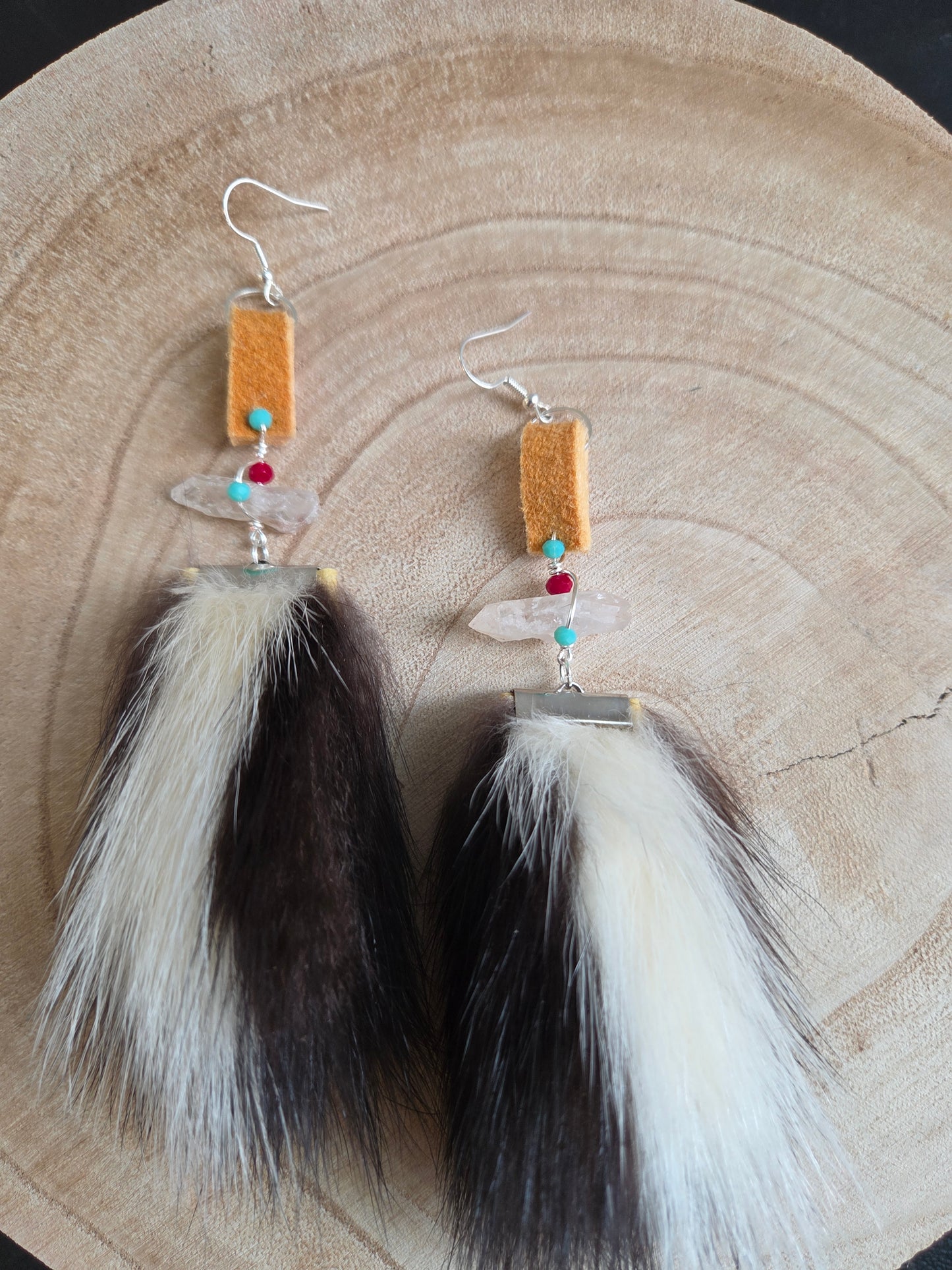 Skunk Medicine Earrings Quartz and Smoked Moosehide