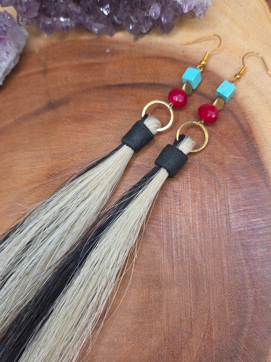 Black and White Horsehair Earrings with Moosehide