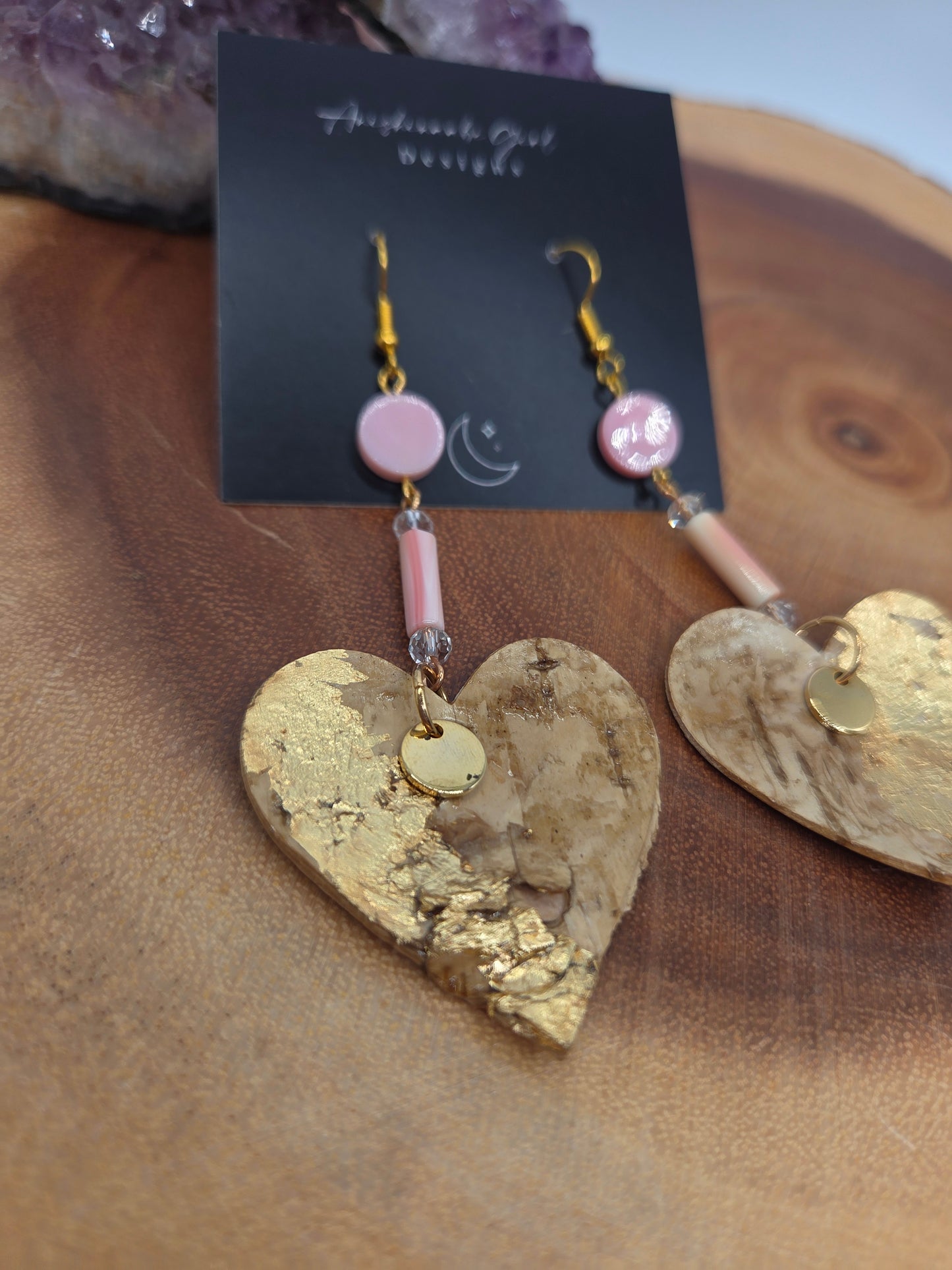 Queen Conch and Gold Gilded Heart Birchbark Earrings